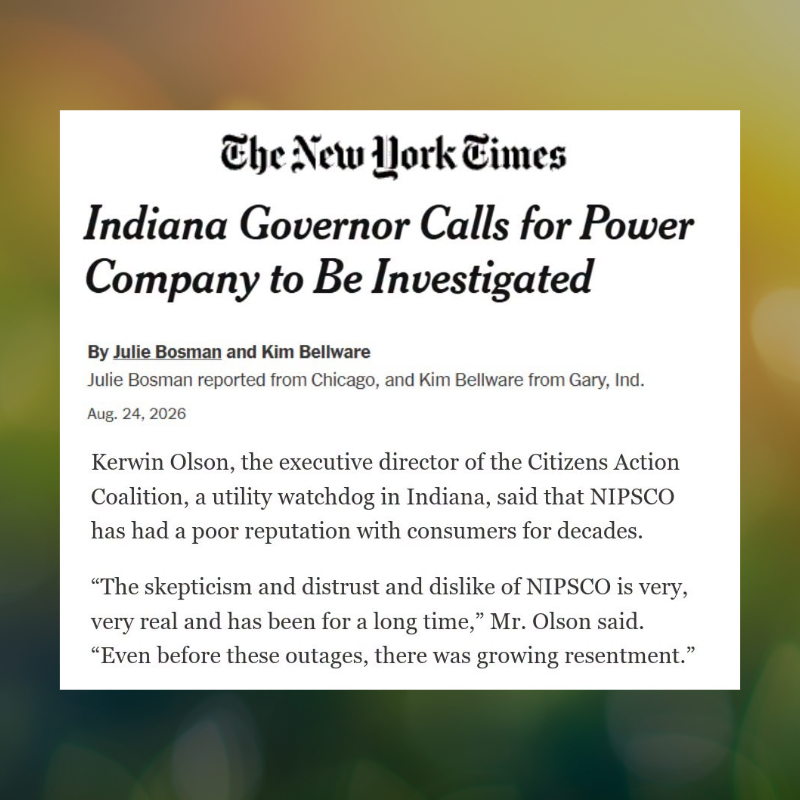 August 2026 New York Times article, Indiana Governor Calls for Power Company to Be Investigated