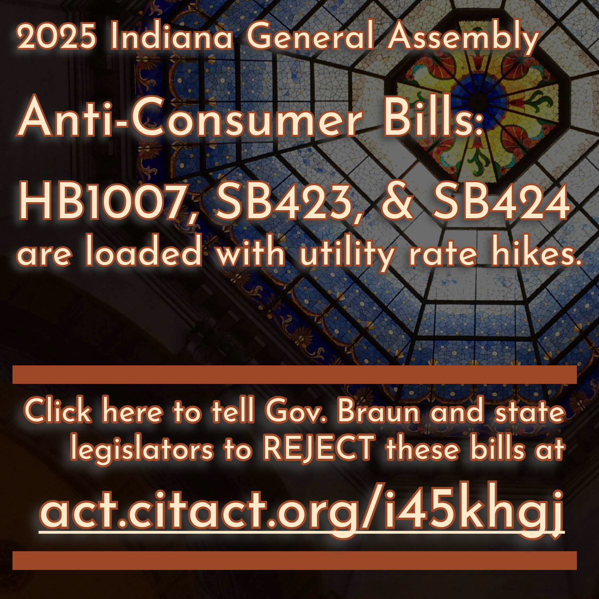 Click on the image to visit act.citact.org/I45KhgJ and urge Gov. Braun to veto Senate Bill 424.