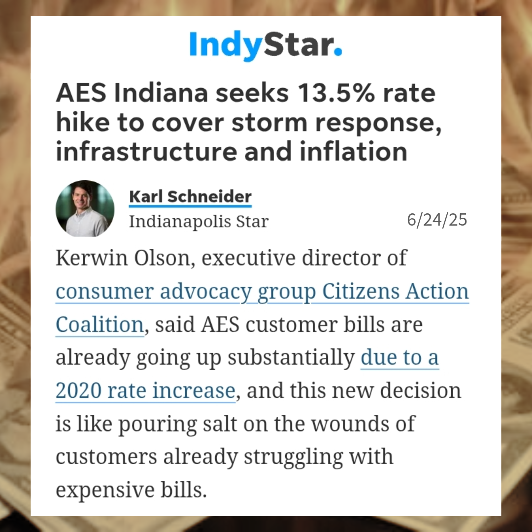 Image of June 24, 2025 IndyStar article headline reading AES Indiana seeks 13.5% rate hike to cover storm response, infrastructure and inflation.