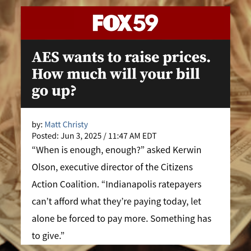 Image of June 3, 2025 Fox59 headline that says AES wants to raise prices. How much will your bill go up?