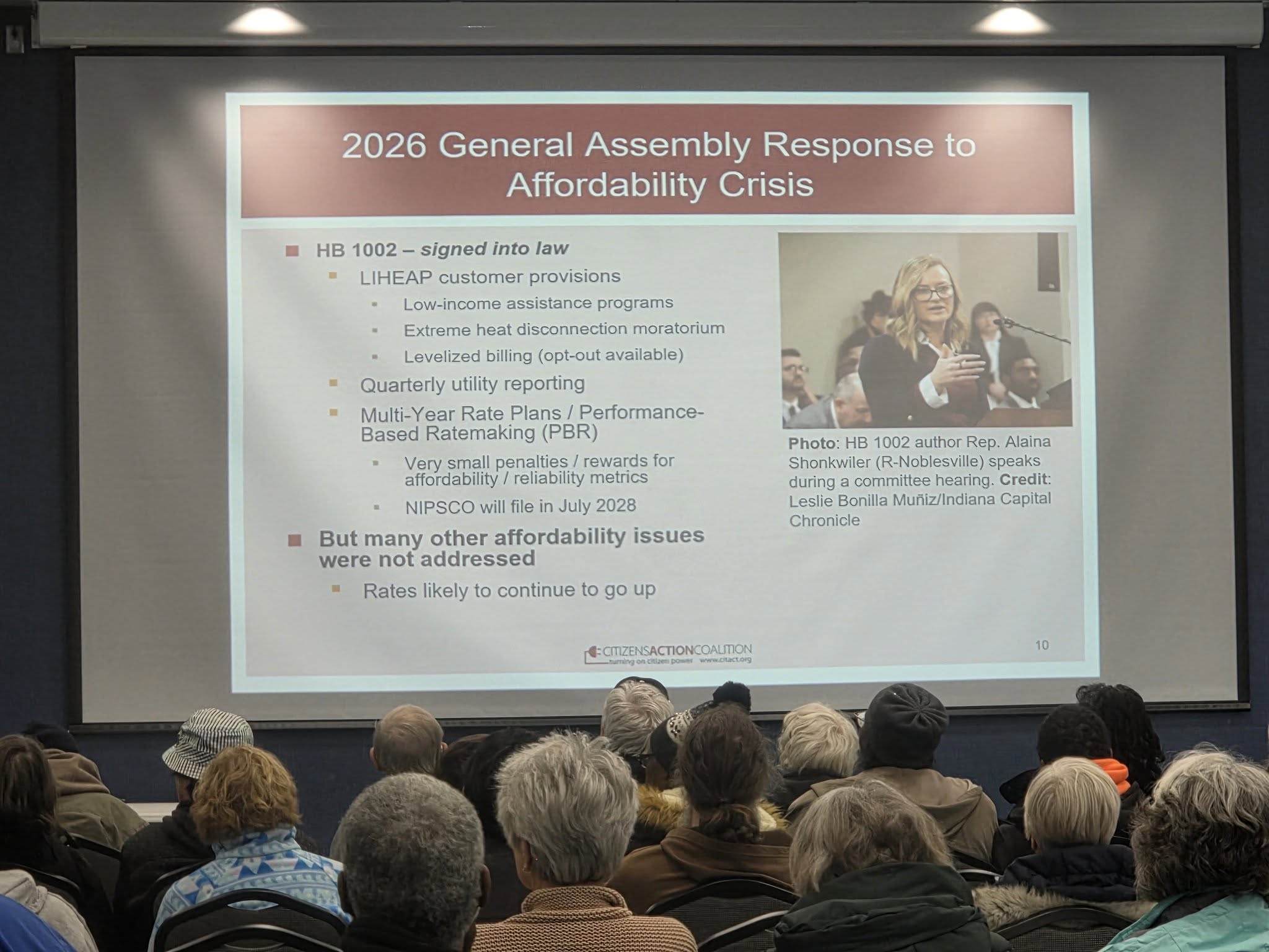 April 2026 photo from CAC's town hall about unaffordable NIPSCO bills.