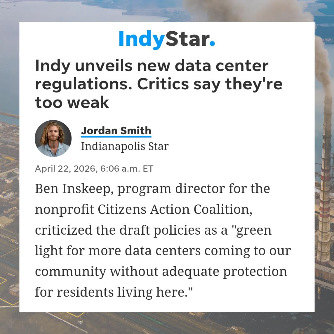 April 2026 IndyStar article about Indianapolis proposed data center regulations.