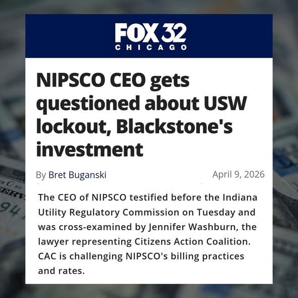 FOX32 Chicago piece about NIPSCO CEO being questioned by CAC attorney, Jen Washburn.