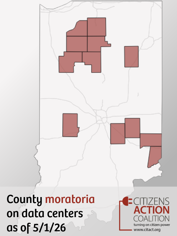 Map of Indiana with the counties shaded that have passed moratoria on data centers as of May 1, 2026.