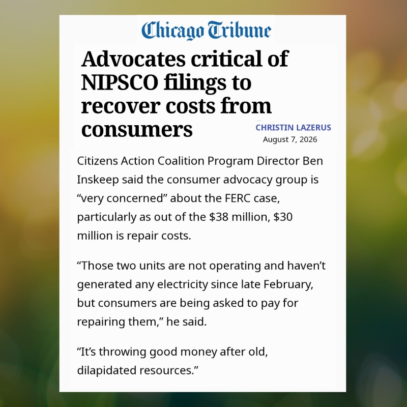 August 2026 Chicago Tribune article, Advocates critical of NIPSCO filings to recover costs from consumers