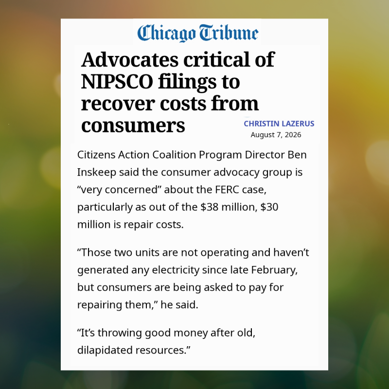 August 2026 Chicago Tribune article - Advocates critical of NIPSCO filings to recover costs from consumers