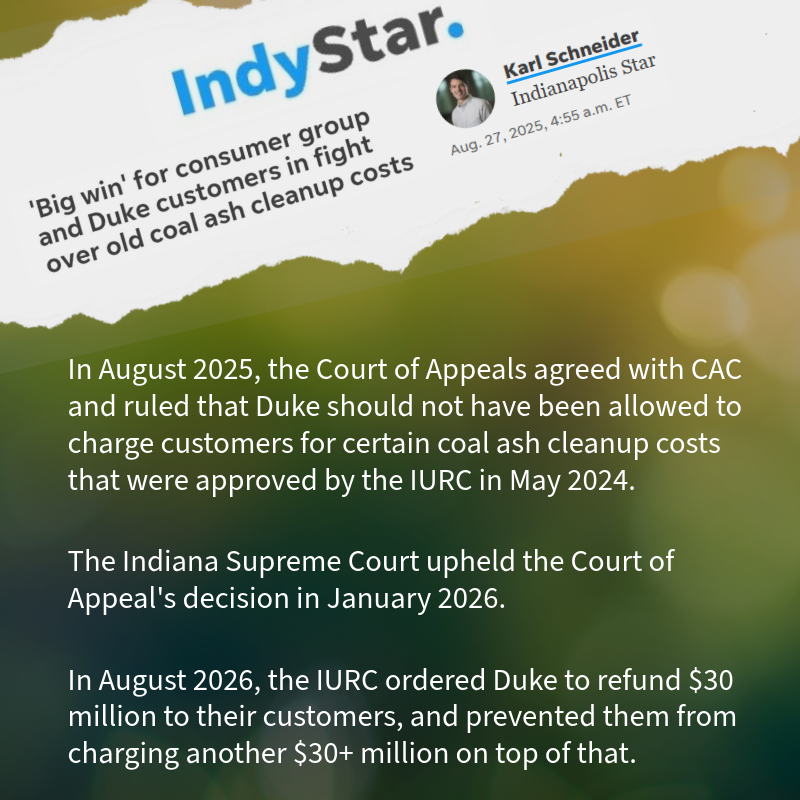 August 2026, Duke forced to refund thirty million dollars to customers for improperly charged coal ash cleanup costs.