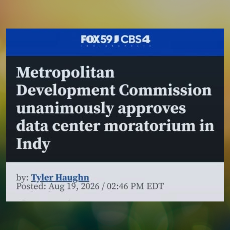 August 2026 FOX59 article, Metropolitan Development Commission unanimously approves data center moratorium in Indy.