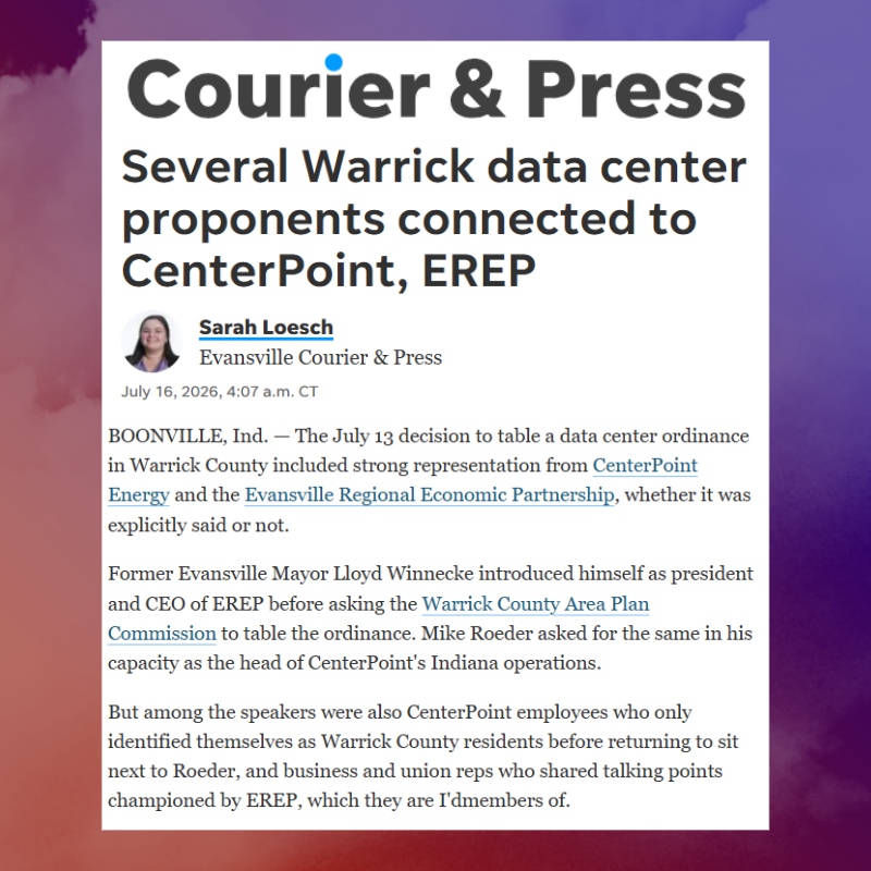 July 2026 Courier and Press article: Several Warrick data center proponents connected to CenterPoint, EREP