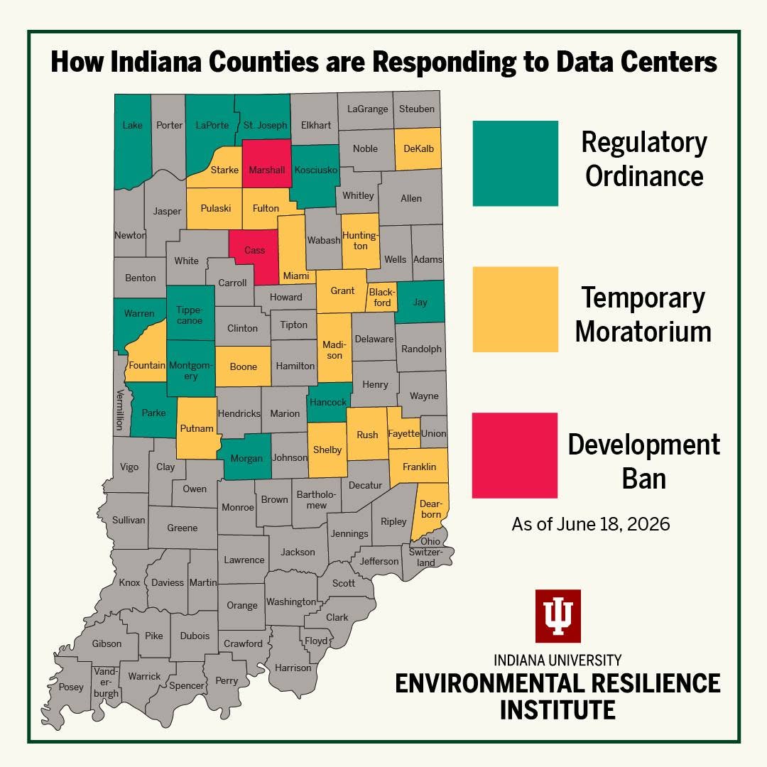 IU Environmental Resilience Institute Indiana County data center moratorium map, June 2026