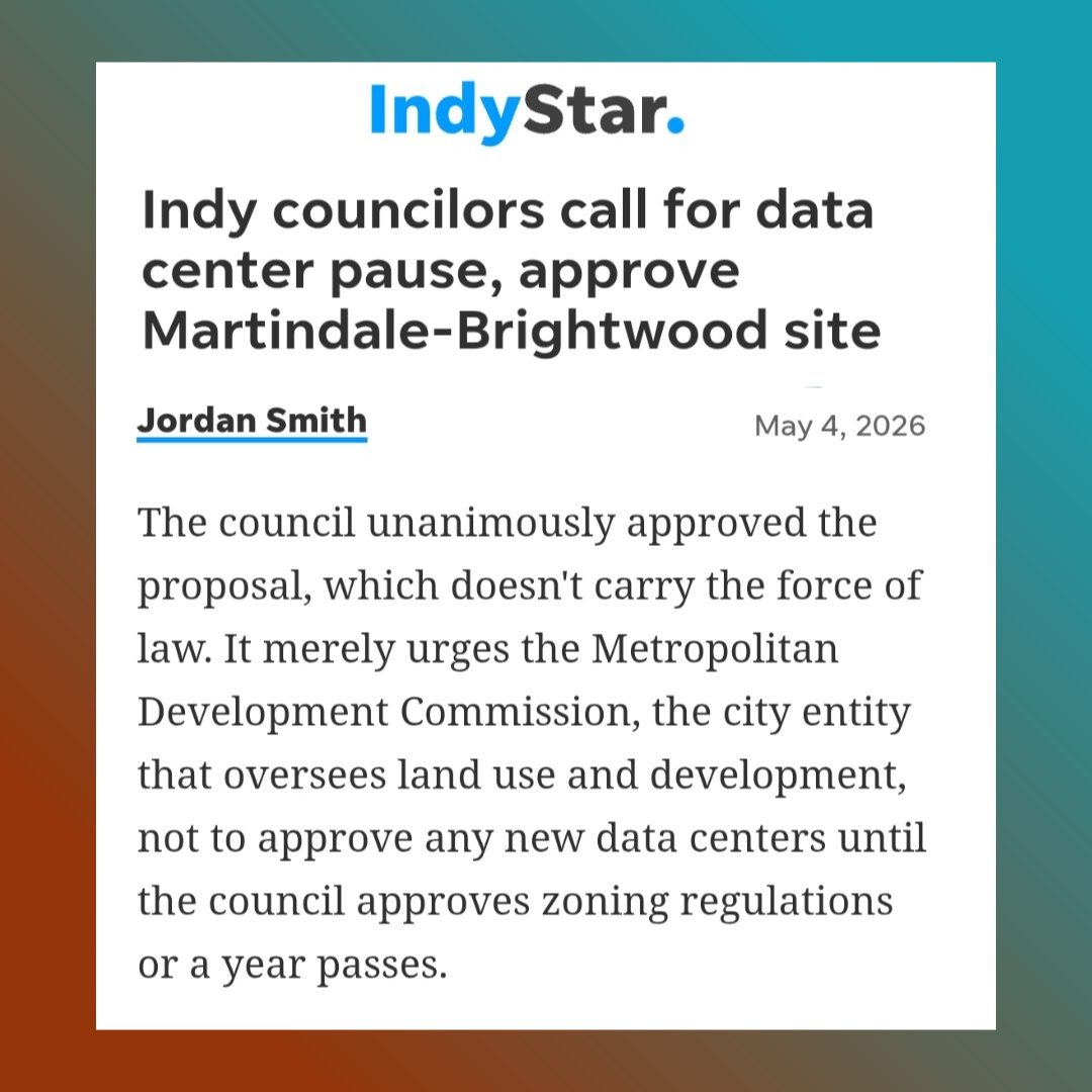 May 2026 IndyStar: Indy city council data center moratorium resolution