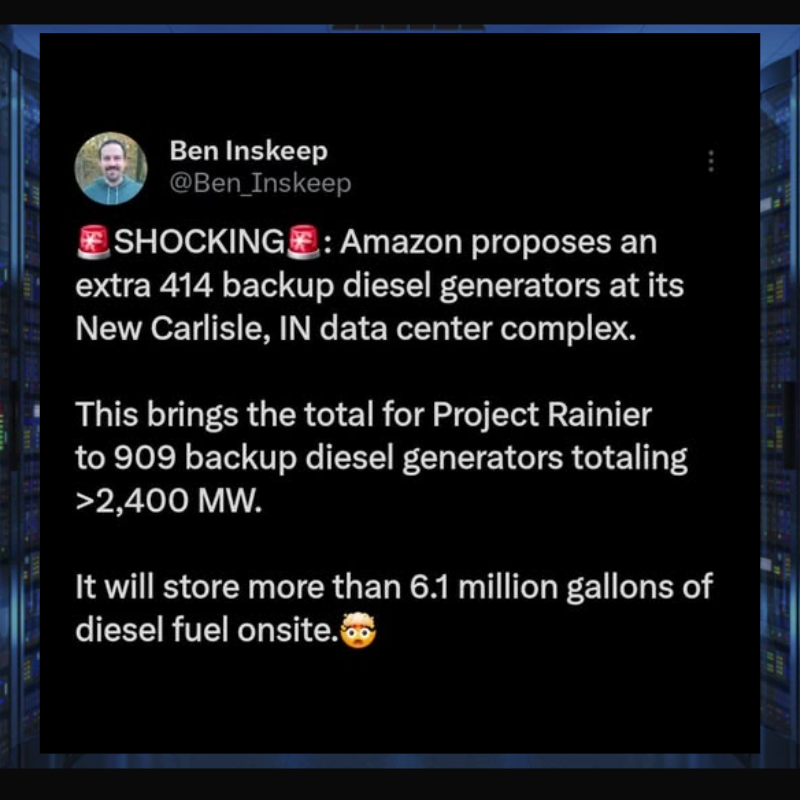 May 2026 Ben Inskeep Tweet: Amazon to add 414 more diesel generators in New Carlisle.