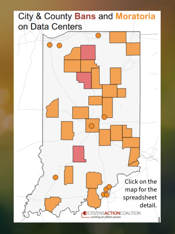 As of mid-September 2026., at least 28 counties and 10 municipalities in Indiana have enacted a data center moratorium or ban, according to CAC’s research.