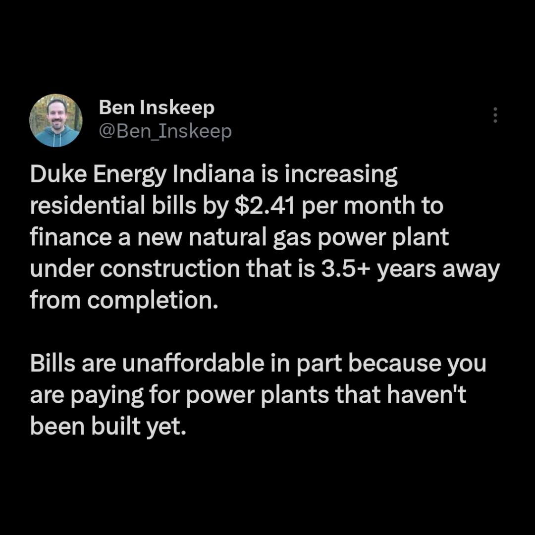 Ben Inskeep April 2026 Tweet: Duke bills going up because of Construction Work in Progress for gas plants.