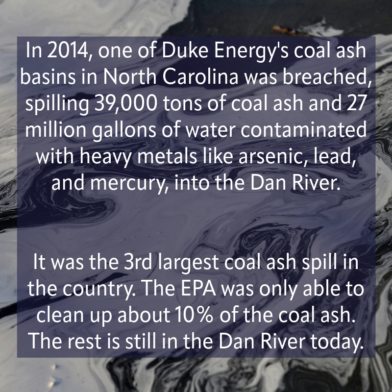 In 2014, one of Duke Energy's coal ash basins in North Carolina was breached, spilling 39,000 tons of coal ash and 27 million gallons of water contaminated with heavy metals like arsenic, lead, and mercury, into the Dan River. It was the 3rd largest coal ash spill in the country. The EPA was only able to clean up about 10% of the coal ash. The rest is still in the Dan River today.
