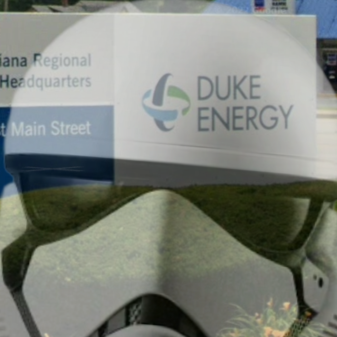 Image with Duke Energy headquarters and Star Wars helmet